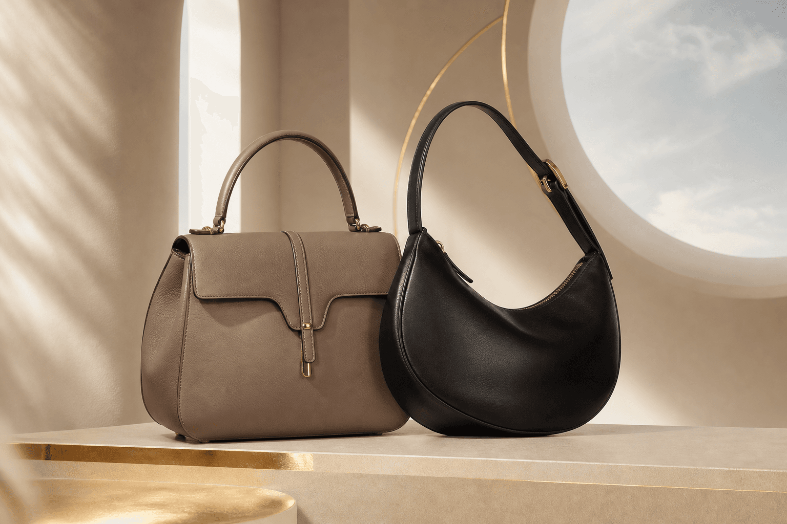 Celestia signature bag campaign featuring structured handbags on a warm ivory set