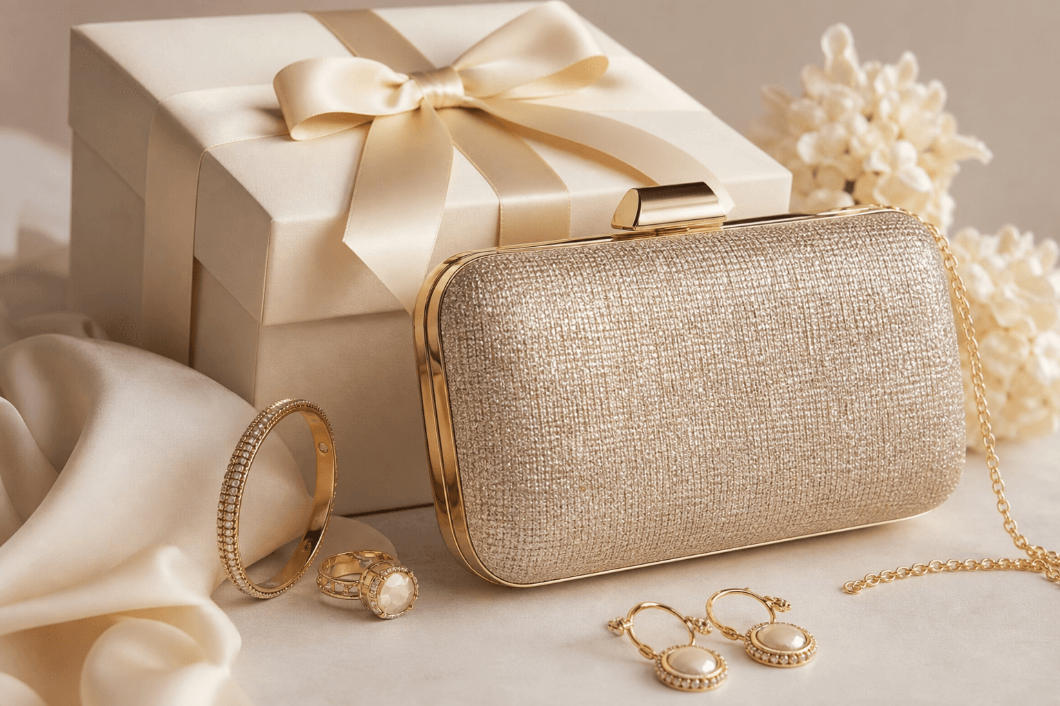 Celestia gift edit campaign with bags and jewelry in premium presentation