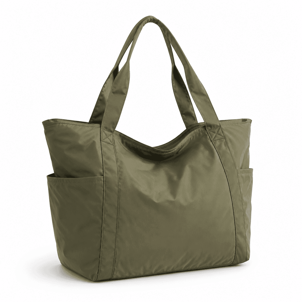 Aster Lightweight Travel Tote in Olive, front three-quarter view on white background