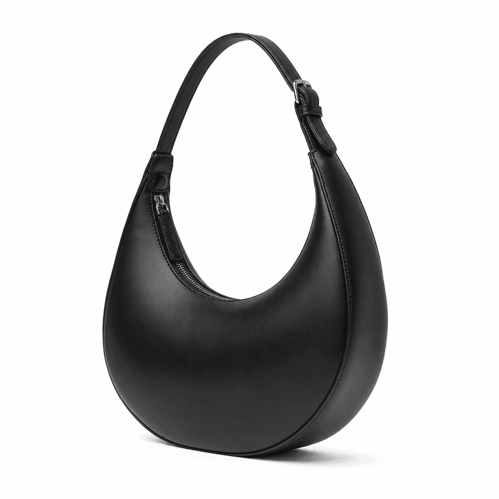 Astra Crescent Shoulder Bag in Black, alternate angle on white background