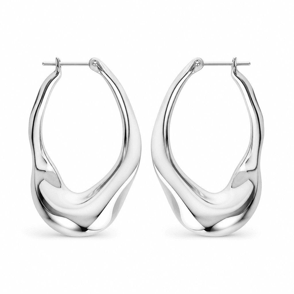 Astra Sculpted Hoop Earrings, Silver Tone, macro view on white background