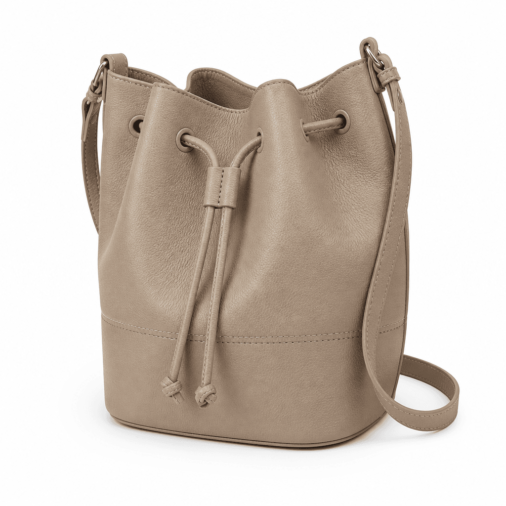 Elara Bucket Bag in Stone, alternate angle on white background