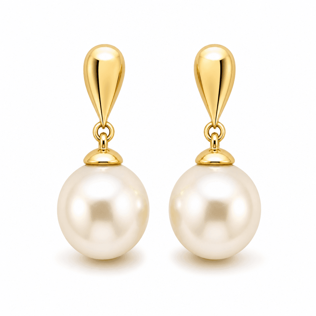 Luna Pearl-Effect Drop Earrings, Gold Tone, macro view on white background