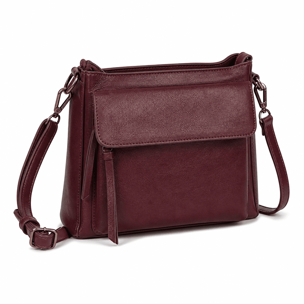 Lyra Convertible Crossbody Bag in Burgundy, front three-quarter view on white background