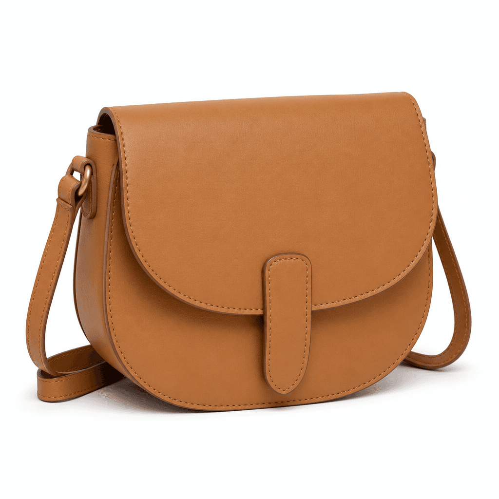 Mira Saddle Crossbody Bag in Camel, alternate angle on white background