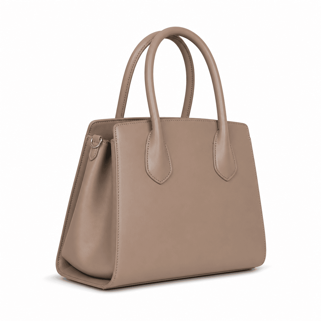 Nova Structured Top-Handle Bag in Taupe, alternate angle on white background