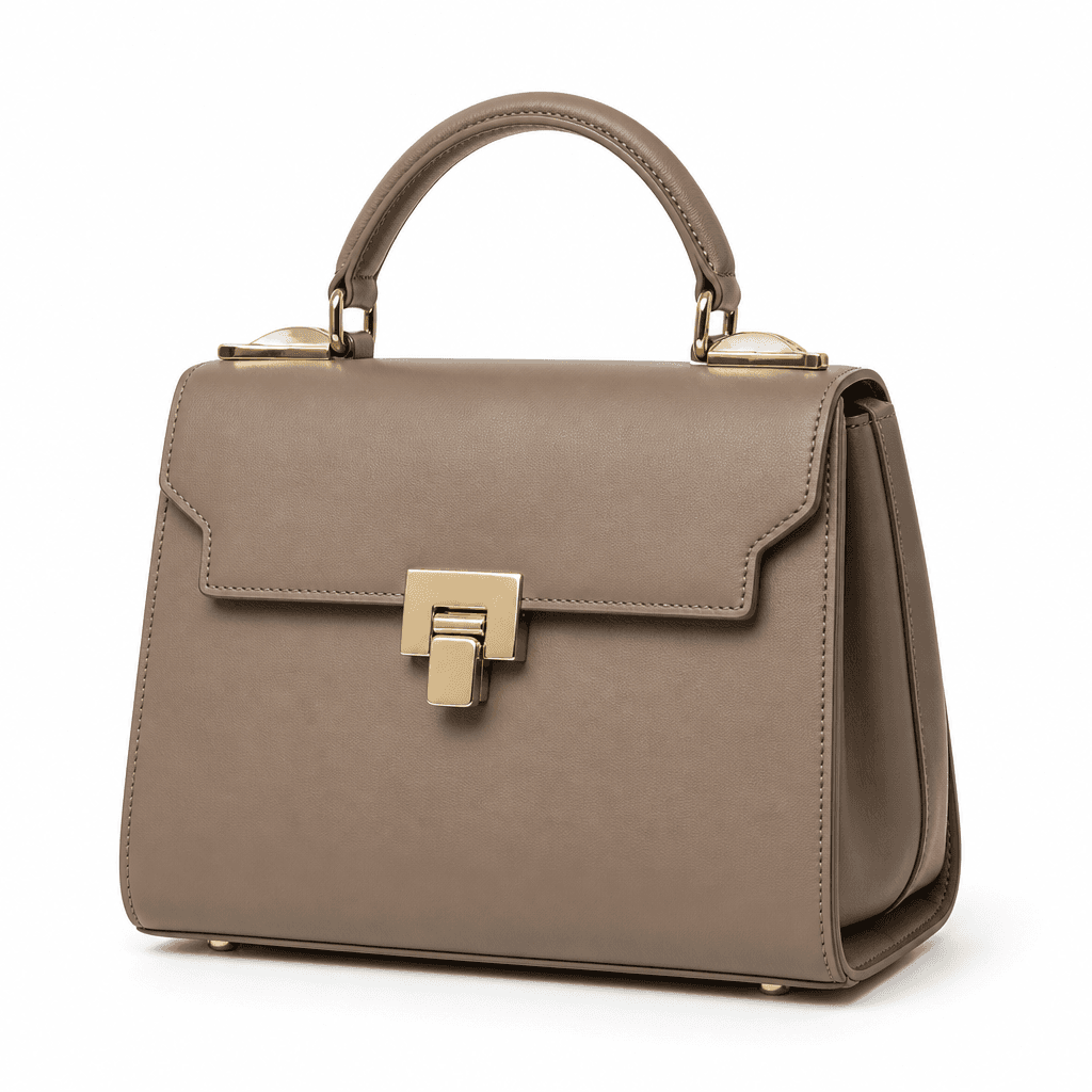 Nova Structured Top-Handle Bag in Taupe, front three-quarter view on white background