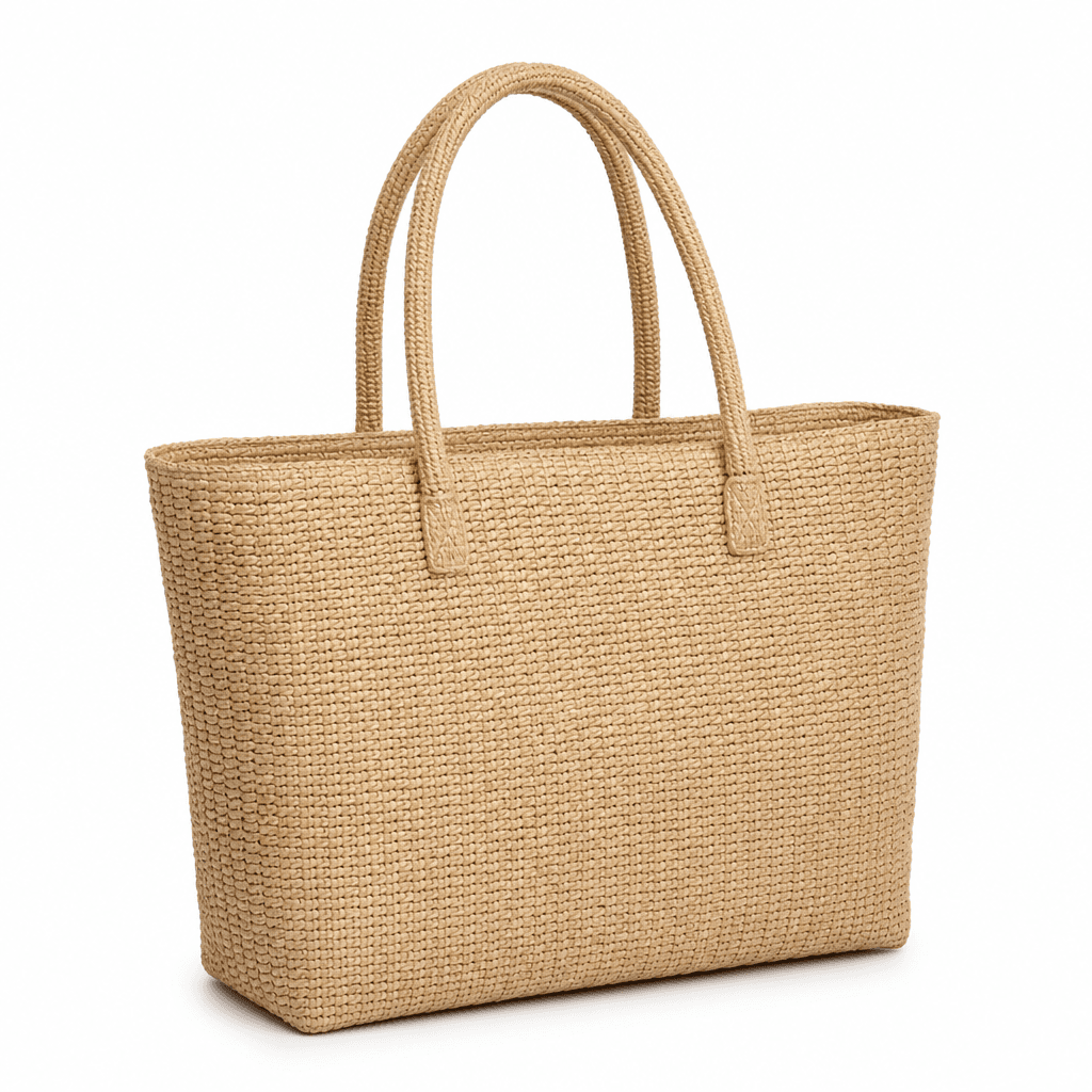 Solene Woven Tote Bag in Sand, front three-quarter view on white background