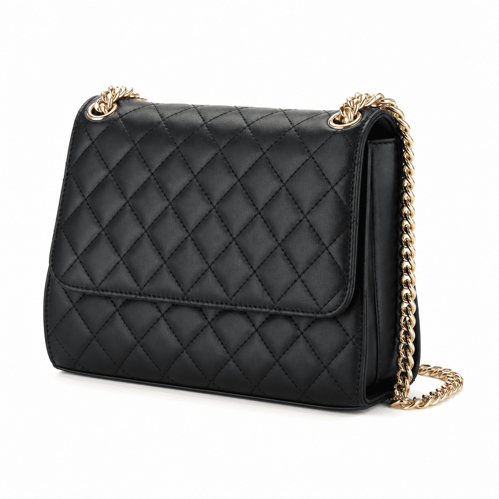 Vela Quilted Chain Shoulder Bag in Black, alternate angle on white background